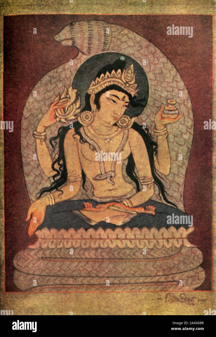 'manasa Devi', 1920. Manasa Devi, diosa de las serpientes, adorada en Bengala y otras partes del noreste de la India para la prevención y cura de la snakebite, la fertilidad y la prosperidad, ella también se conoce como Nagalakshmi, De "Mitos de los hindúes &amp; budistas", por la Hermana Nivedita y Ananda K. Coomaraswamy. [George G. Harrap &amp; Company Ltd, Londres, 1920] Foto de stock