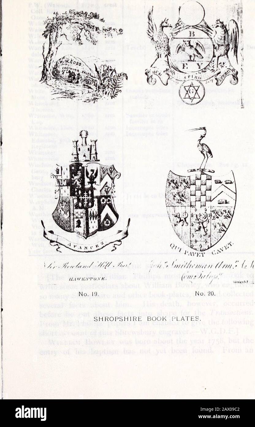 Transacciones de la Sociedad de Historia Natural y Arqueológica de Shropshire . J L U *i 1 U 1700 ARM Smith, Dr. James 1050 ARM ...Semper hdelis Onston Smitheman Joh, 1790 ARM Qi pavet s. ARM, A. M., COM. Salopia o u .Li n 11 , William, 1 brazo OOO Virtutis honor Petton proemium o I .11 1111 g t Will., brazo lozo Virtutis honor Esq., Petton proemium Park, CI County Salop Sparrow ex., lib. 1895 ARM Pro patria, Arthur! Q A Q Artnuri oA.o. atria. En Deo solo est salus Stackhouse, John 1790 ARM Taylor, Joannes, 1750 ARM Salopiensis t n LL. Si. Thursby, Ceo. 1800 brazo En forti- An silentio, Foto de stock