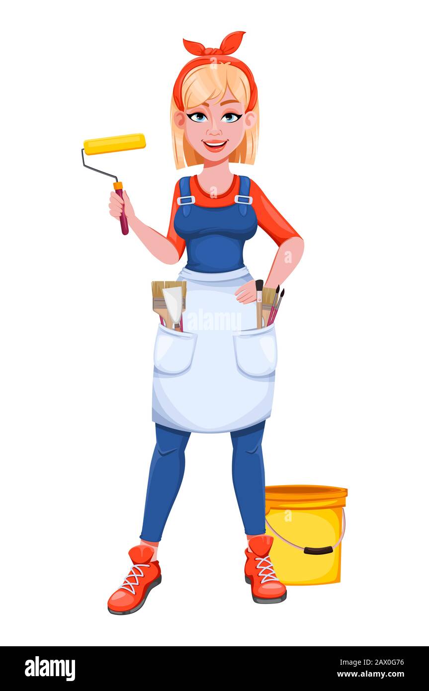 Mujer pintora con rodillo. Hermosa dama pintor personaje de dibujos  animados. Vector de stock Imagen Vector de stock - Alamy