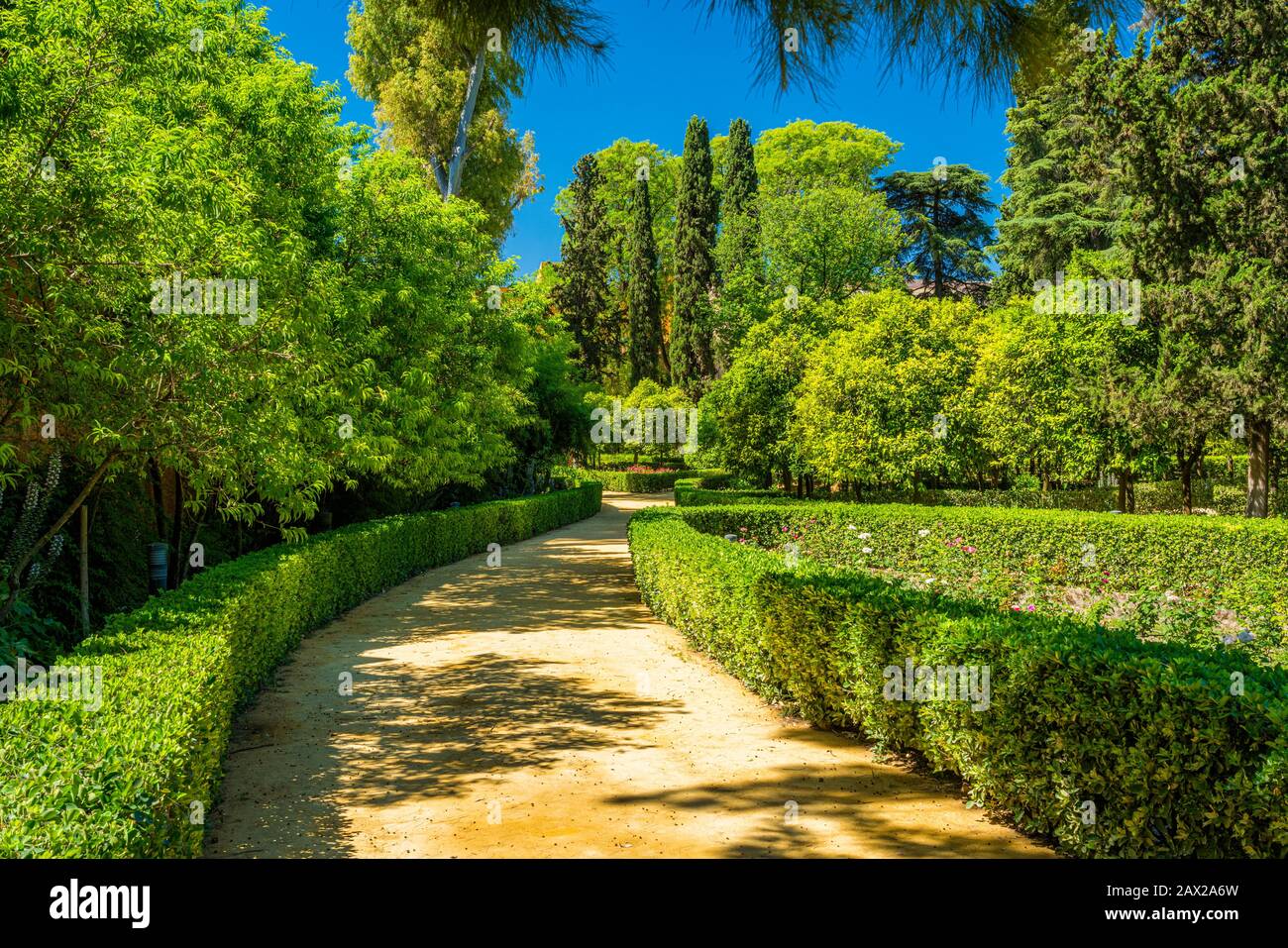 El idílico jardín de los reales Alcázares de Sevilla, Andalucía. Foto de stock