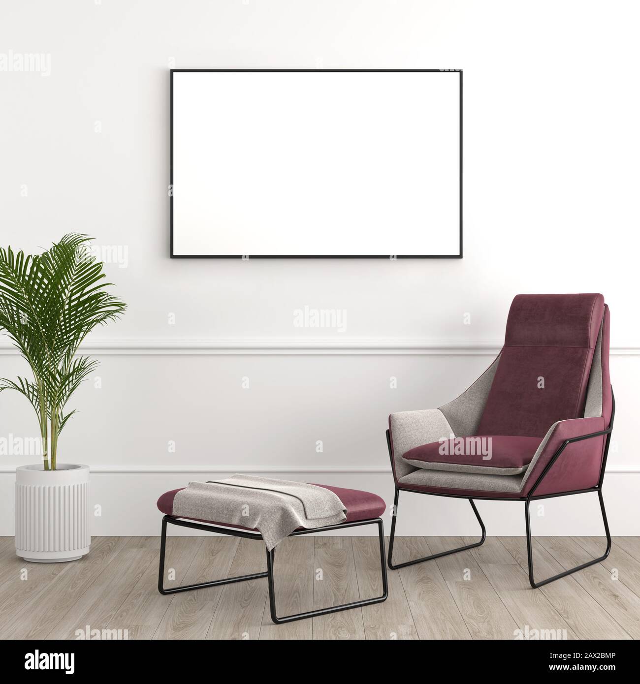 Diseño interior moderno y elegante que consiste en un sillón con reposapiés y planta tropical en una olla en la pared blanca con lienzo enmarcado blanc para maquinarse Foto de stock