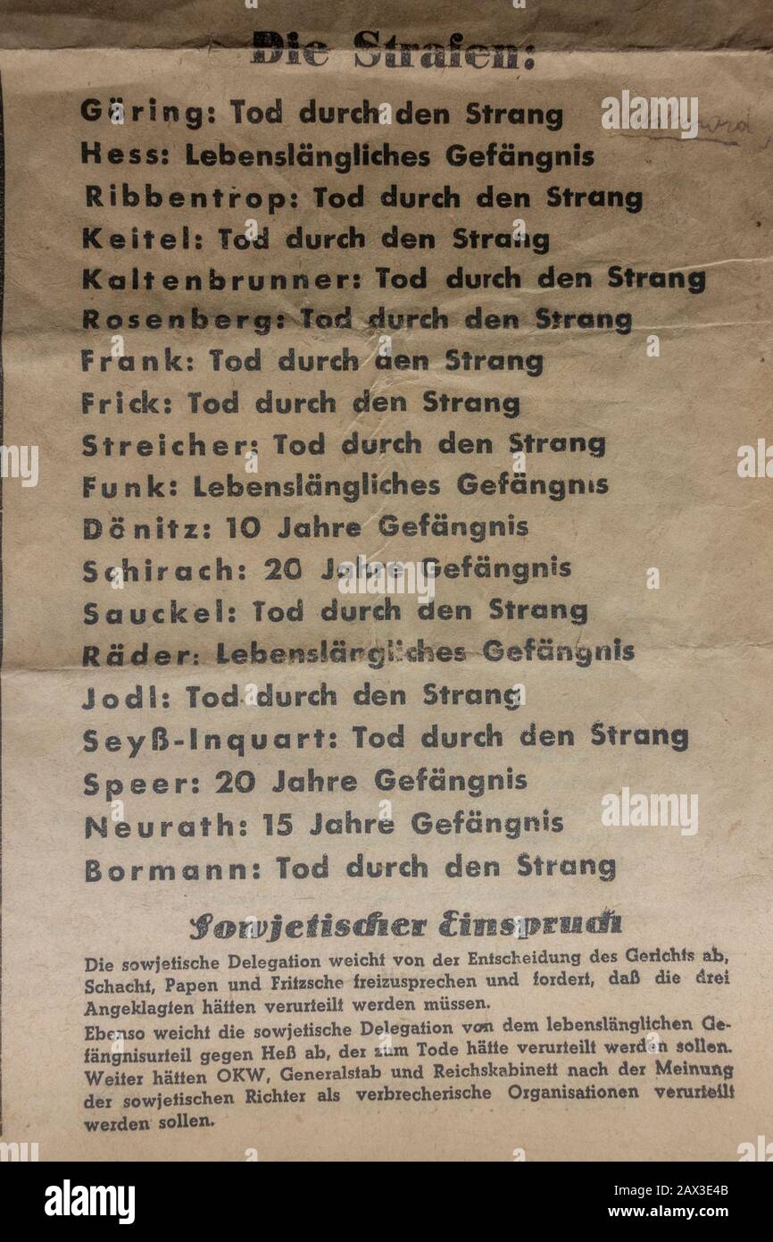 Lista impresa en el periódico de sentencias lista completa de juicios por crímenes de Guerra de Nuremberg, Centro de Documentación del Partido Nazi Rally Grounds, Nuremberg, Alemania. Foto de stock