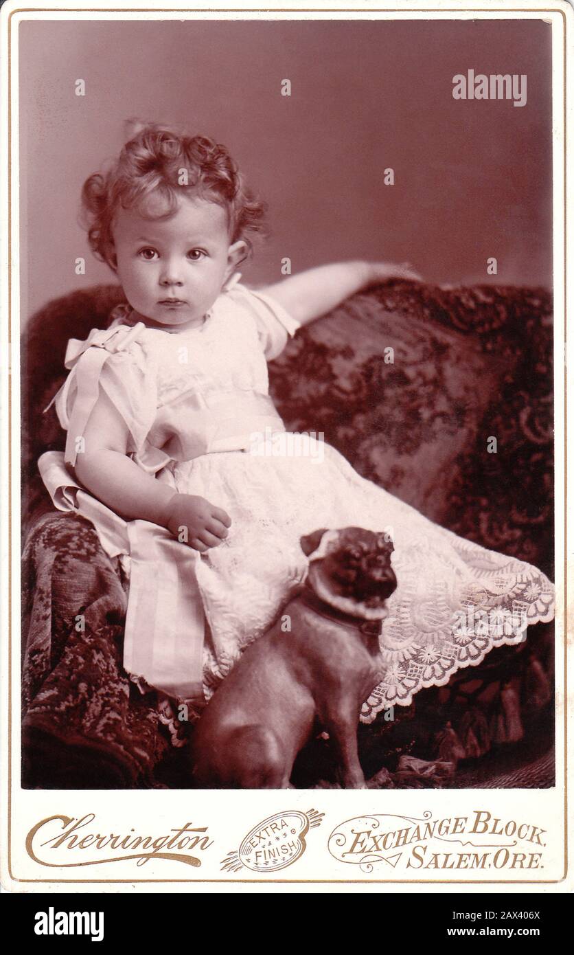 1890 CA , Salem , Oregon , USA : un niño pequeño vestido de encaje con su  perro pug . Foto Por Cherrington , Salem , Oregon - FOTO STORICHE - FOTOS