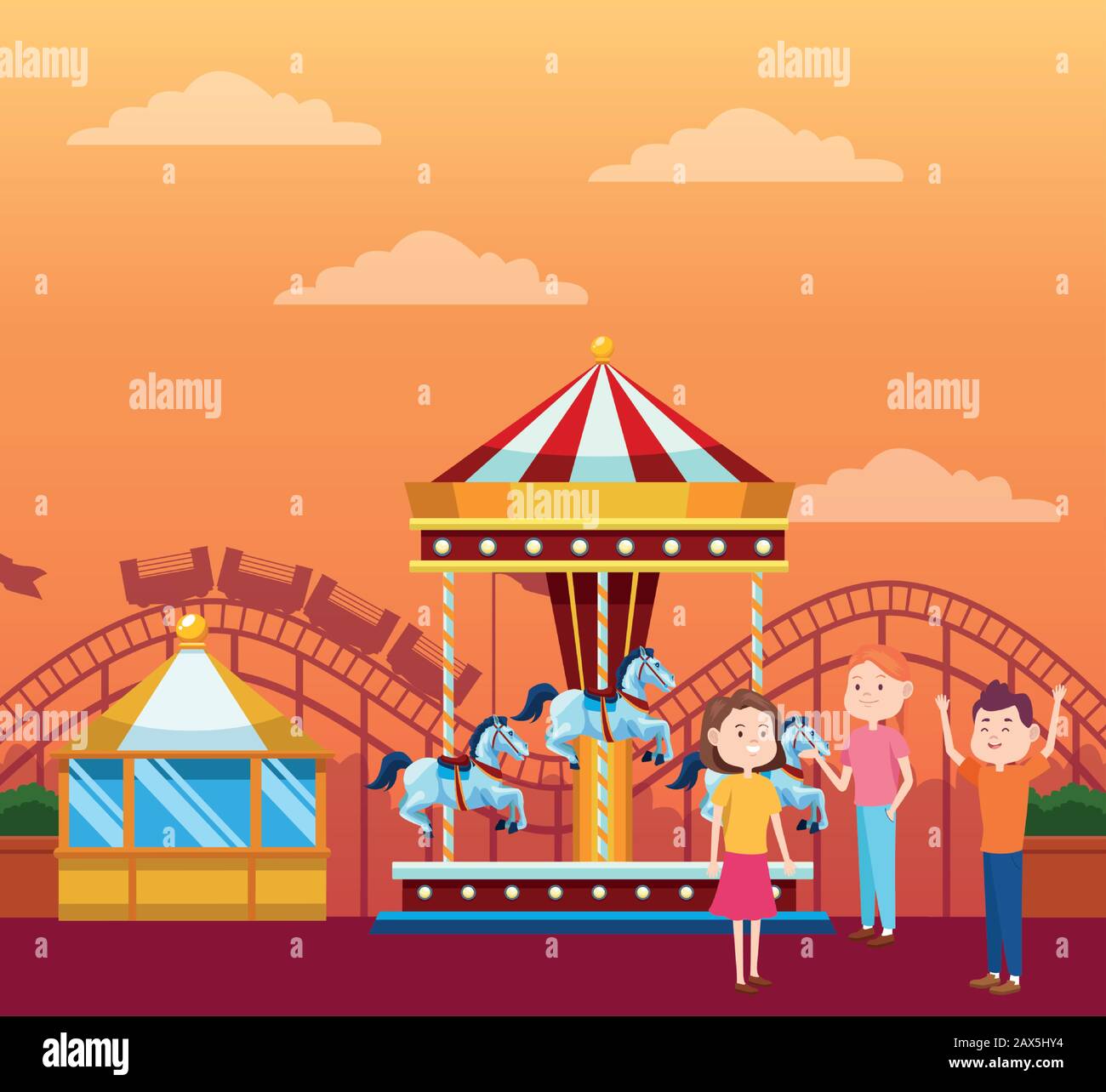 Gente de dibujos animados en la feria alrededor del carrusel y montaña rusa  Imagen Vector de stock - Alamy