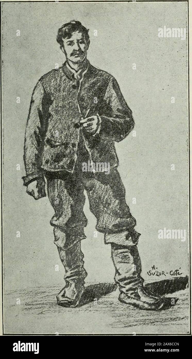 Maria Chapdelaine : récit du Canada français . ouveau sur la souche vaincueet comcença à la rouler vers un des tas commeon empte une pry. Maria resta là quelques instants, regardantle labeur des hommes et le résultat de ce la-beur, plus frappant de jour en jour, puis ellereprit le chemin de la Maison, balançant leseau vide, heureuse de se sentido vivante etforte sous le soleil éclatant, songeant confusé-ment aux choses heureuses qui étaient en routeet ne pouvaient manquer de venir bientôt, sielle priait avec assez de ferveur et de patience. Déjà loin, elle entendait encore les voix deshomme Foto de stock