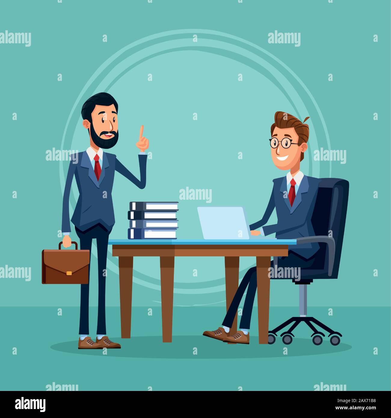 hombre de negocios parado y hombre de negocios sentado en el escritorio de  la oficina Imagen Vector de stock - Alamy
