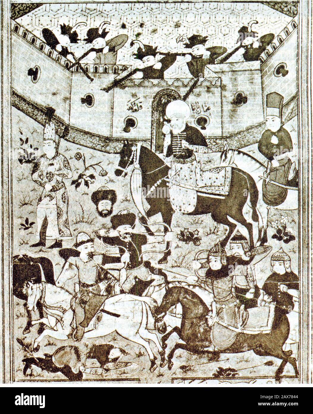 La batalla en los muros de Kaffa en Crimea. Miniatura turca medieval de 1586. Foto de stock