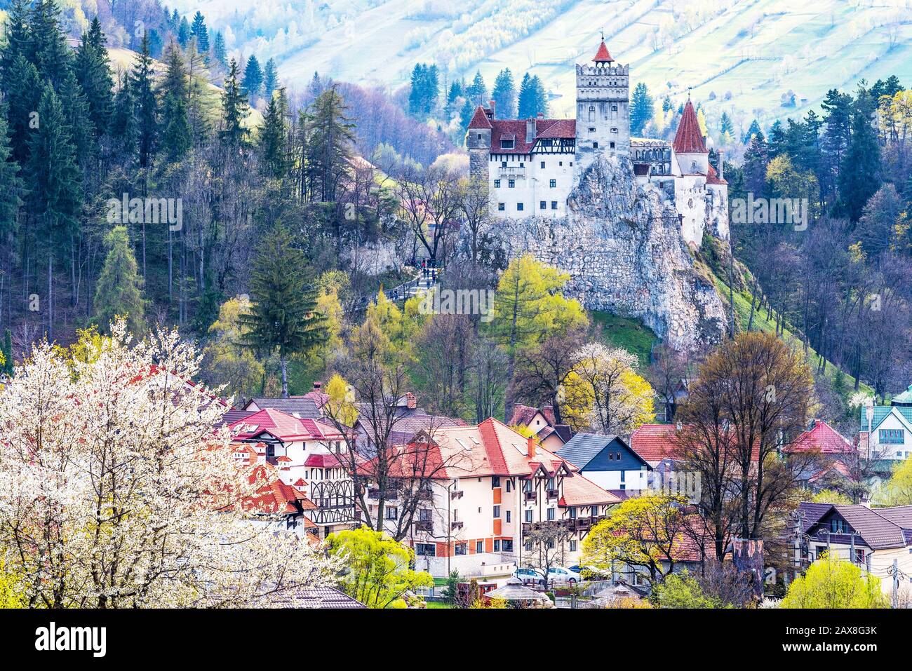 Paisaje con el castillo de Bran en la temporada de primavera, referencia de Brasov, Transilvania, Rumania Foto de stock