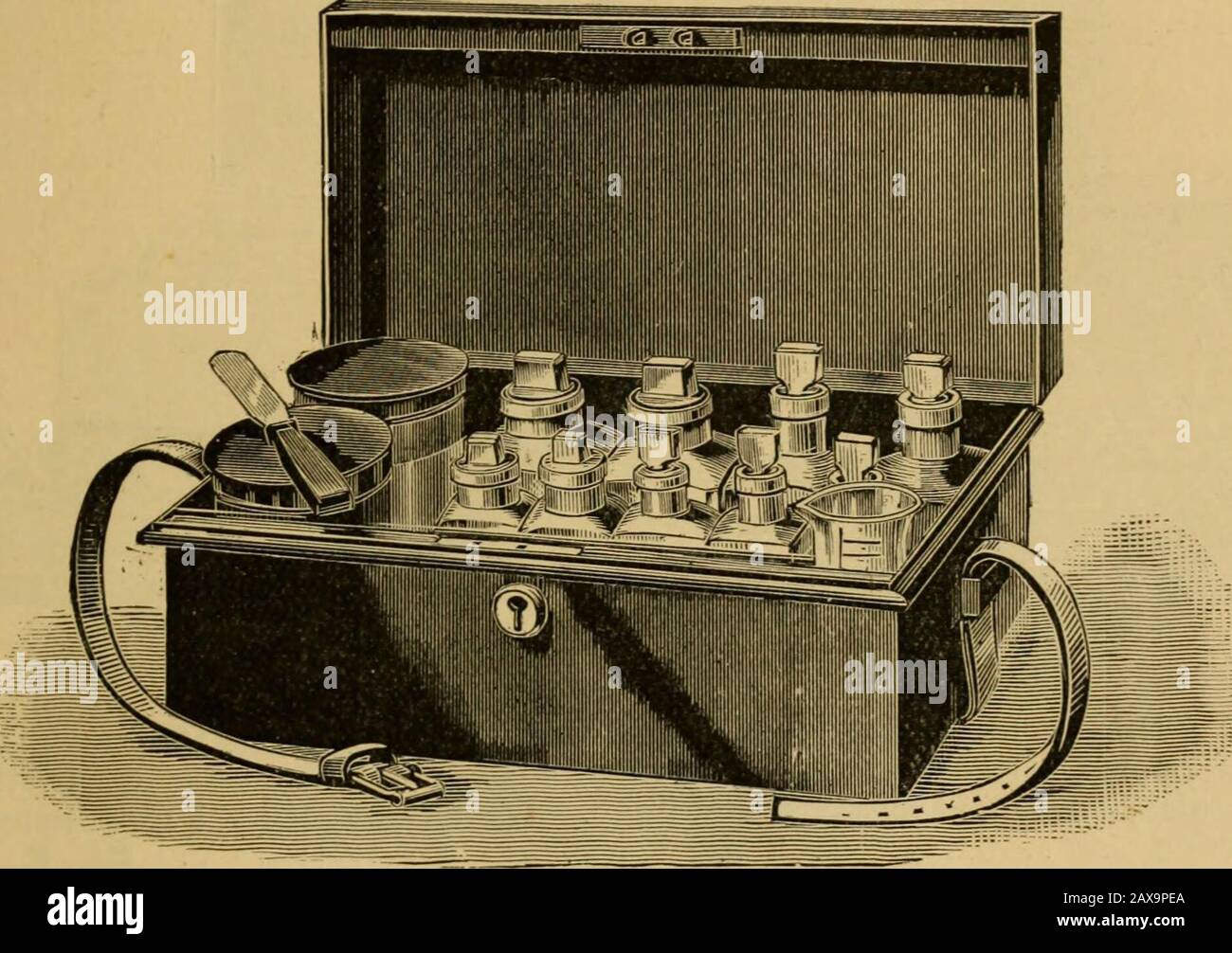 Catálogo de instrumentos de cirujanos y aplicaciones medicaaparatos electroterapéuticos Solantes para cirugía y sala de enfermos, chalecos de medicina, etc . Fig. B. Nº 3, Fig. B.—Estaño japonés negro, con correa, cerradura y llave. Contiene cinco frascos con tapón de vidrio verde de 4 oz., seis de 2 oz. Y cinco oz., básculas, pesos, cuchillas y medidas graduadas. Dimensiones, 10 X 6| X 51, pulgadas. Precio £0 19 0 parte II Artículos Varios, Requisitos Para La Guardería, &C. 313 Chests De Medicina—Continuación.. Fig. C. Nº 4. Fig. C—Estaño japonés negro, con correa, cerradura y llave. Contiene cuatro botellas de vidrio verde de 6 onzas y cinco botellas con tapón de vidrio de 2 onzas, t Foto de stock