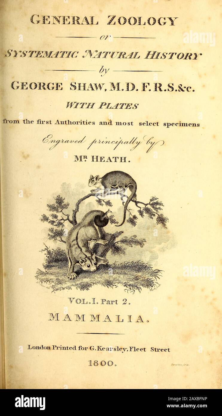 Título Página Zoología general, o historia natural Sistemática parte 2 por Shaw, George, 1751-1813; Stephens, James Francis, 1792-1853; Heath, Charles, 1785 Foto de stock