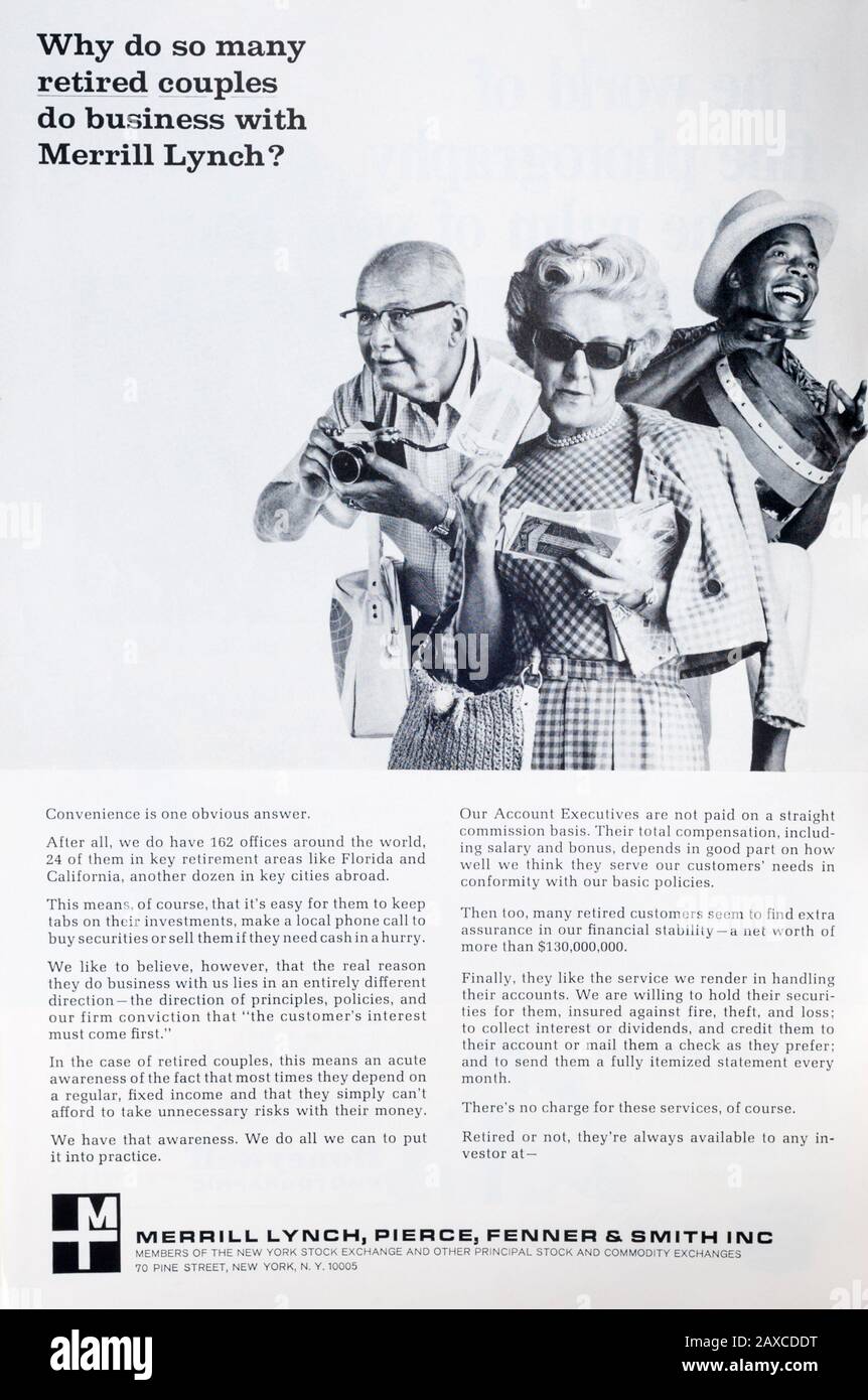 Anuncio de la revista 1966 para Merrill Lynch, Pierce, Fenner & Smith inc. Foto de stock