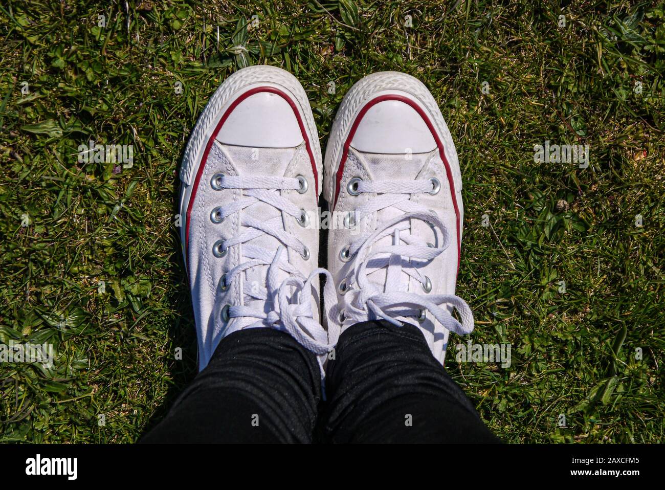 Zapatillas Converse blancas chica de pie sobre hierba mirando desde arriba Fotografía stock - Alamy