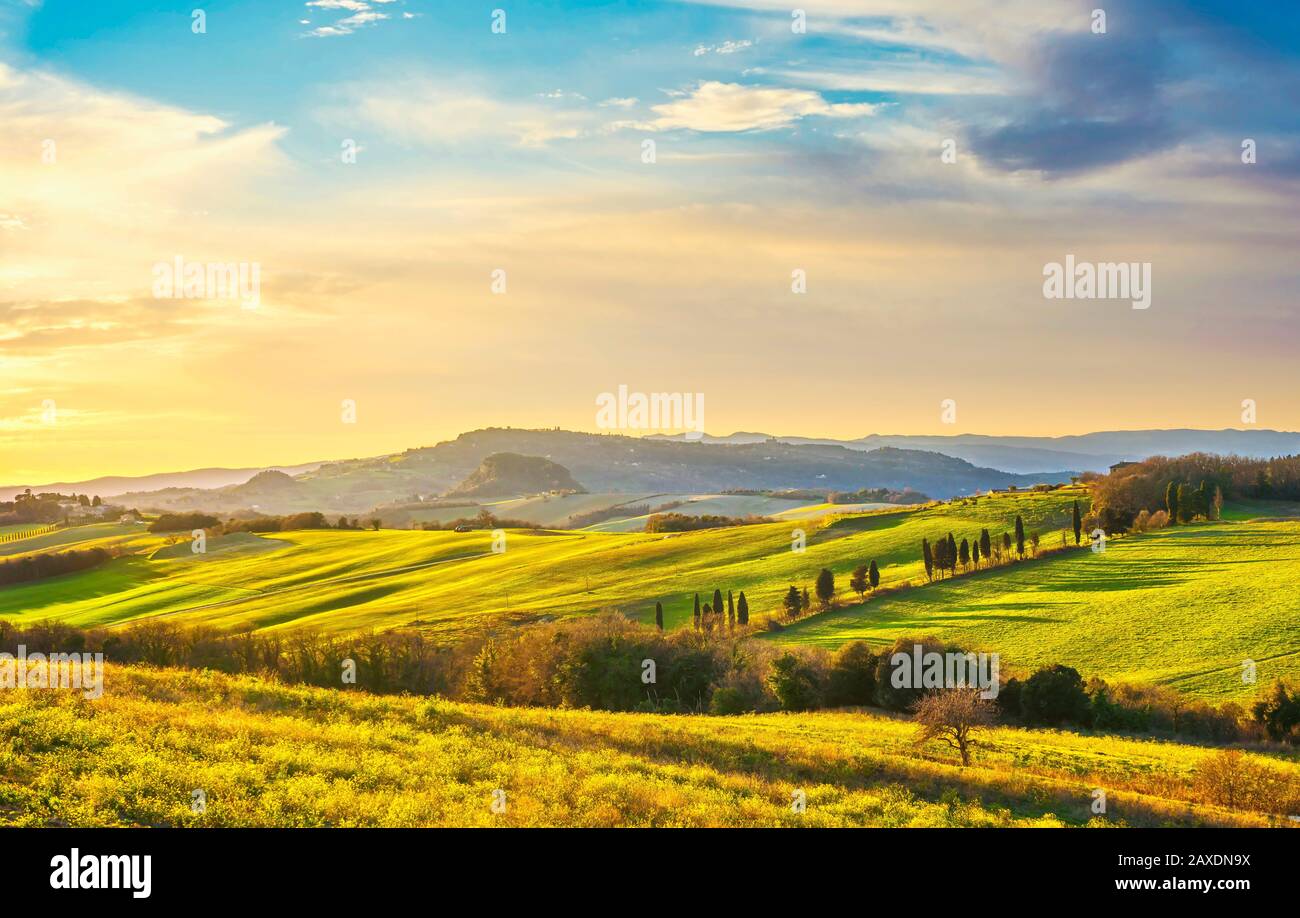 Volterra panorama, colinas, campos verdes y carretera blanca. Toscana, Italia Europa. Foto de stock