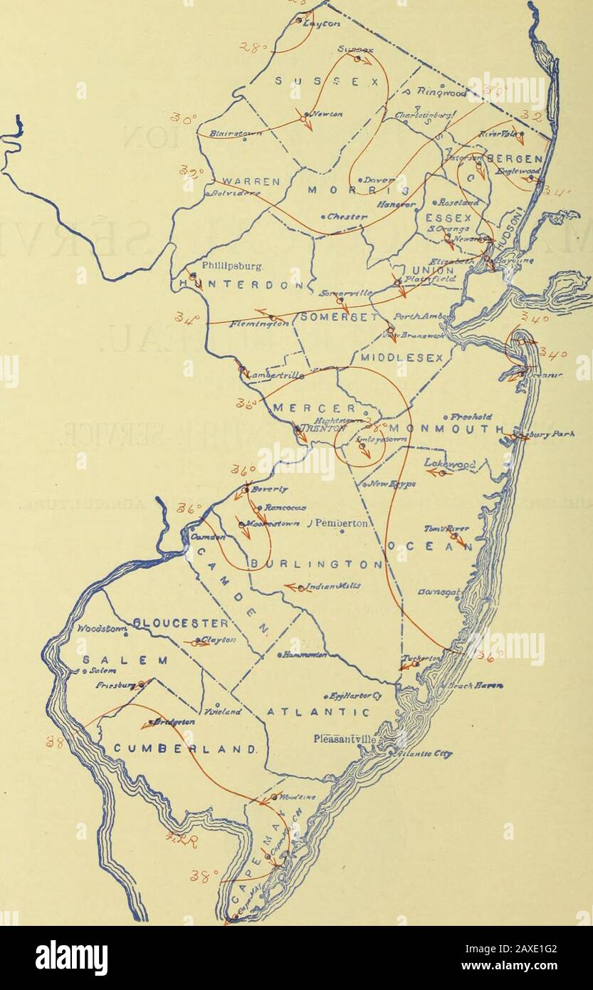Datos climatológicos, Nueva Jersey. i ATLANTIC CITY, N. J. WEATHER BUREAU OFFICE. 21 De Abril De 1906. ISOTERMAS MEDIAS MENSUALES Y DIRECCIÓN PREDOMINANTE DEL VIENTO, MARZO, 190G. ) M.viun, moti. CUMAIOI KKKI-OHT: SECCIÓN NKW .LEIISEY. 19 DEPARTAMENTO DE AGRICULTURA DE LOS ESTADOS UNIDOS, SERVICIO CLIMATOLÓGICO DE LA OFICINA DEL CLIMA. OFICINA CENTRAL: WASHINGTON, D. C. SECCIÓN DE NUEVA JERSEY, LEVI A. JUDKINS, DIRECTOR DE SECCIÓN. OL. XIX Uiiy Atlántico. N. J , marzo de 1906. No 3. RESUMEN GENERAL. Los rasgos prominentes de marzo de 1906 fueron la baja meantnperatura, la falta de sol, y la frecuente y pesada precición, junto con un Foto de stock