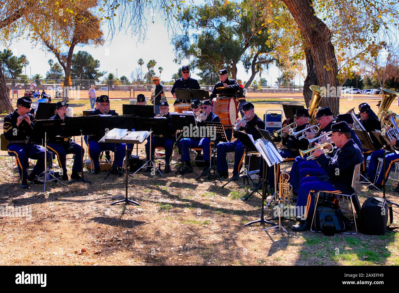 Representaciones musicales de la banda de la 5ta Caballería del Ejército de los Estados Unidos de 1880 en Fort Lowell en Tucson AZ Foto de stock