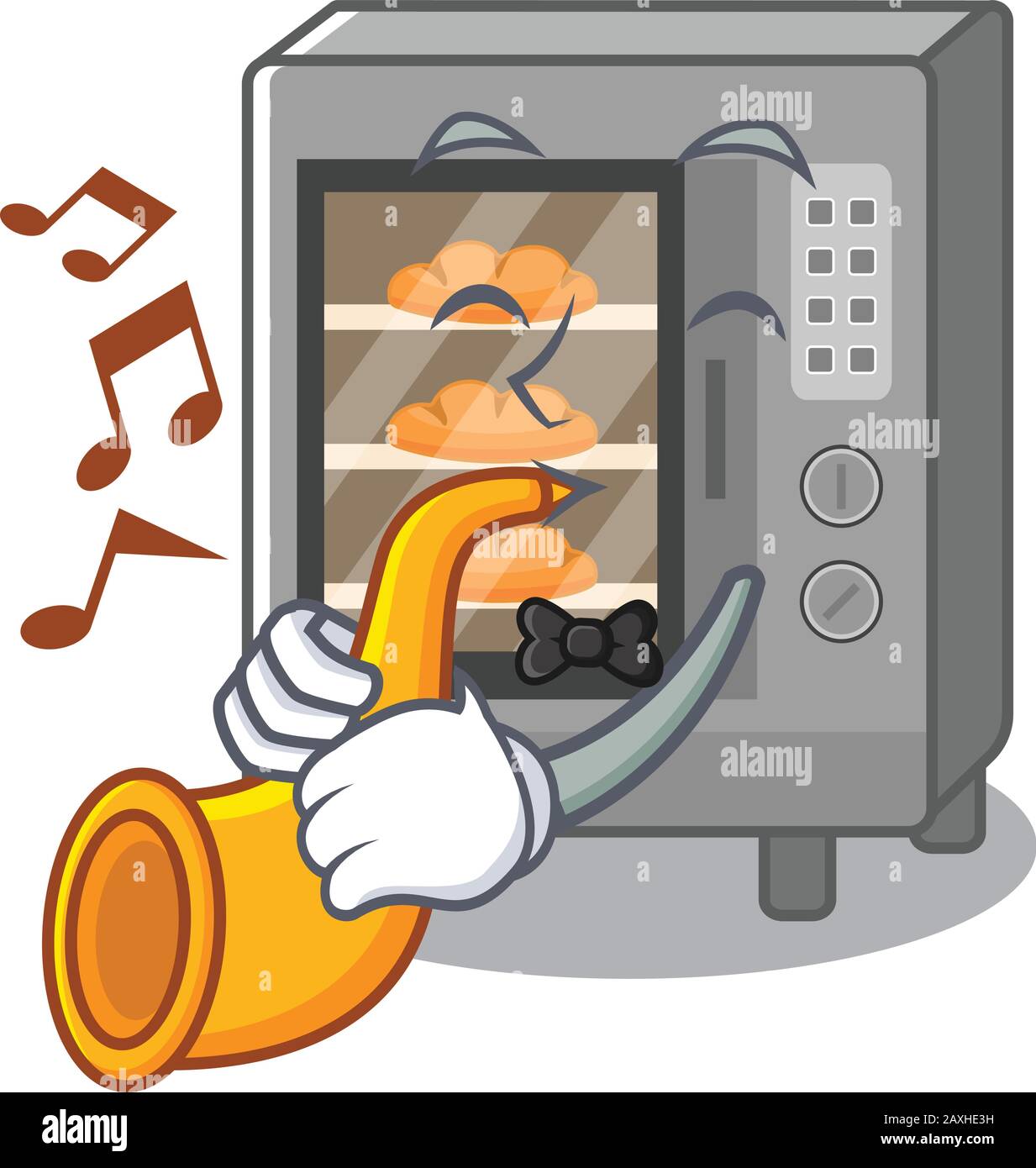concepto de diseño mascot de pastel de horno tocando una trompeta Imagen  Vector de stock - Alamy