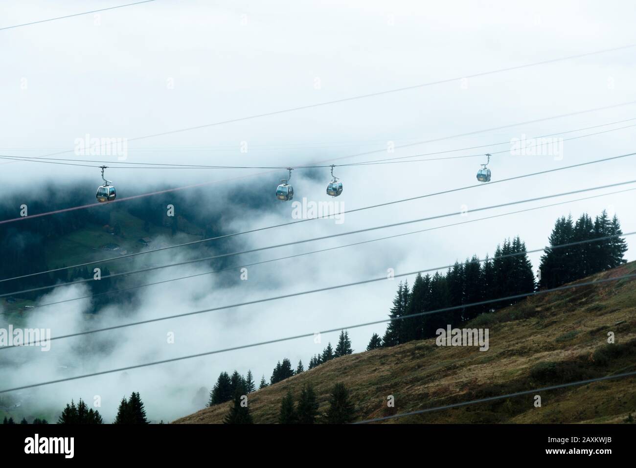 Teleférico que viaja desde Grindelwald Hasta El Primero en la niebla otoñal, Oberland bernés, Cantón de Berna, Suiza Foto de stock