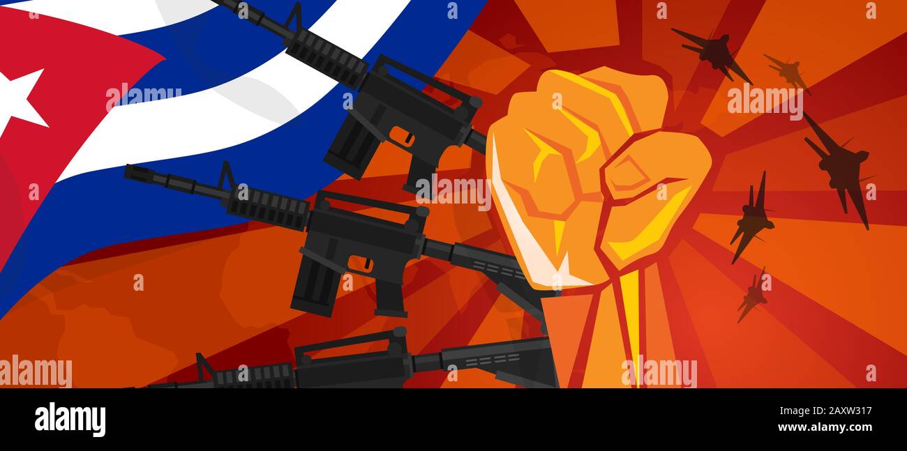 Cuba propaganda de guerra mano puño de golpe con arma avión y bandera. Símbolo rojo vintage de rebelión de agresión y defensa del ejército Ilustración del Vector