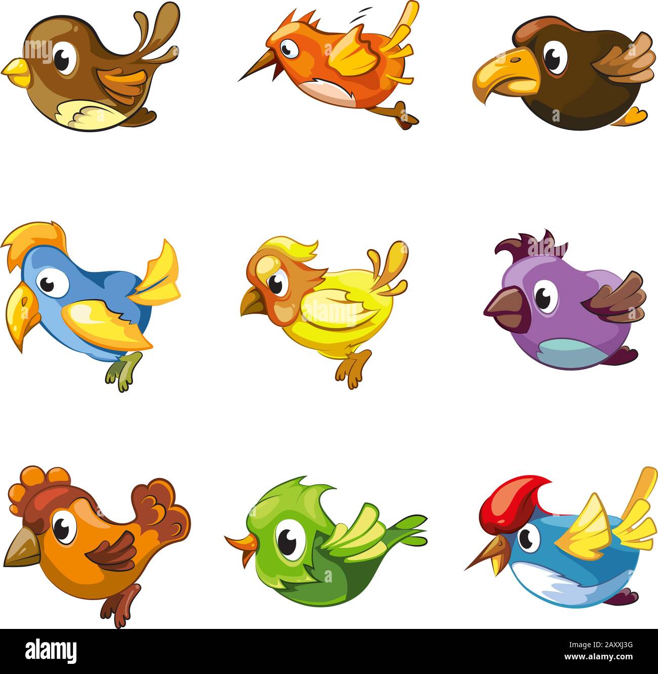 Iconos de pájaros divertidos. Cartoon aves vector conjunto para juego ui con aves Ilustración del Vector