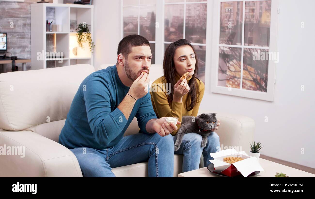 Pareja Sentada En El Sofá Comiendo Pollo Frito Mientras Ve La Televisión Con Su Gato En El 5982