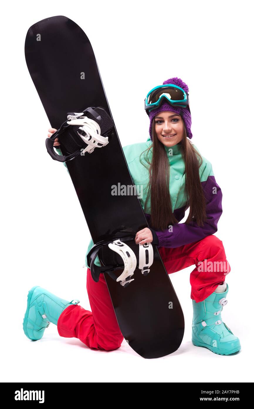 Mujer Bonita Joven En Snowboard Púrpura Del Paseo Del Traje Del Esquí Foto  de archivo - Imagen de libertad, ropa: 103353624