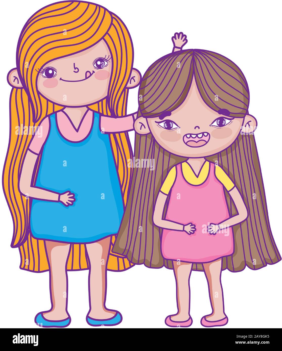 feliz día de los niños, dos niñas pequeñas juntos personajes de dibujos  animados vector ilustración Imagen Vector de stock - Alamy