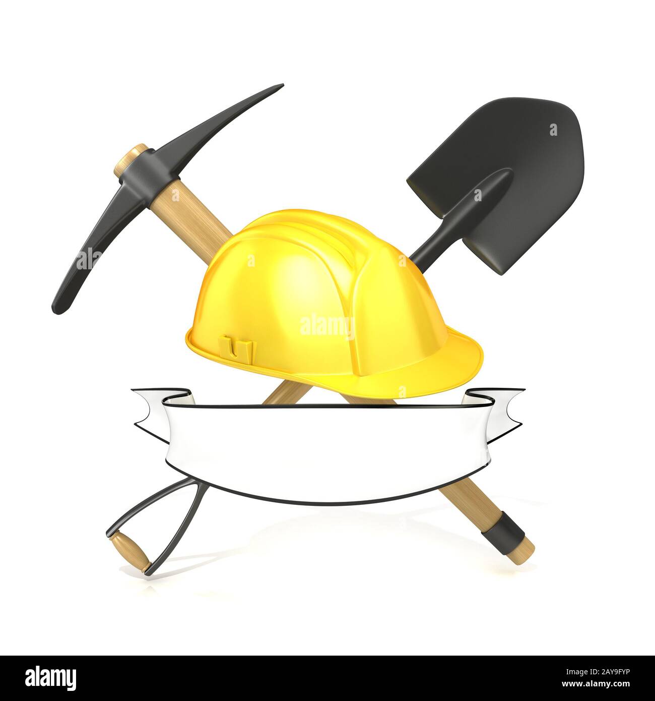 Herramientas mineras, pala, pico y casco de seguridad, con cinta en