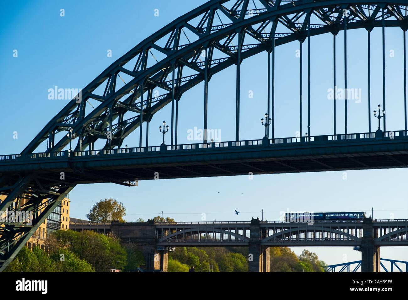 Vista de secciones del Puente Tyne y el Puente de Alto nivel en la distancia en Newcastle upon tyne, Inglaterra Foto de stock