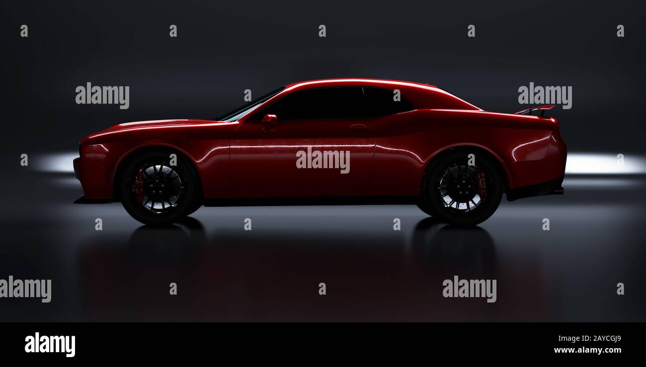 Vista del ángulo lateral de un coche muscular americano sin brandless rojo genérico sobre un fondo negro . Concepto de transporte . ilustración 3d Foto de stock