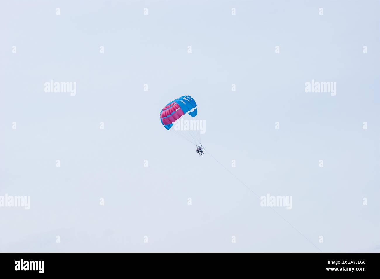 Un paracaídas rojo-azul con dos personas en el cielo nublado. Extremo, verano, vacaciones, activismo, felicidad, dos. Foto de stock