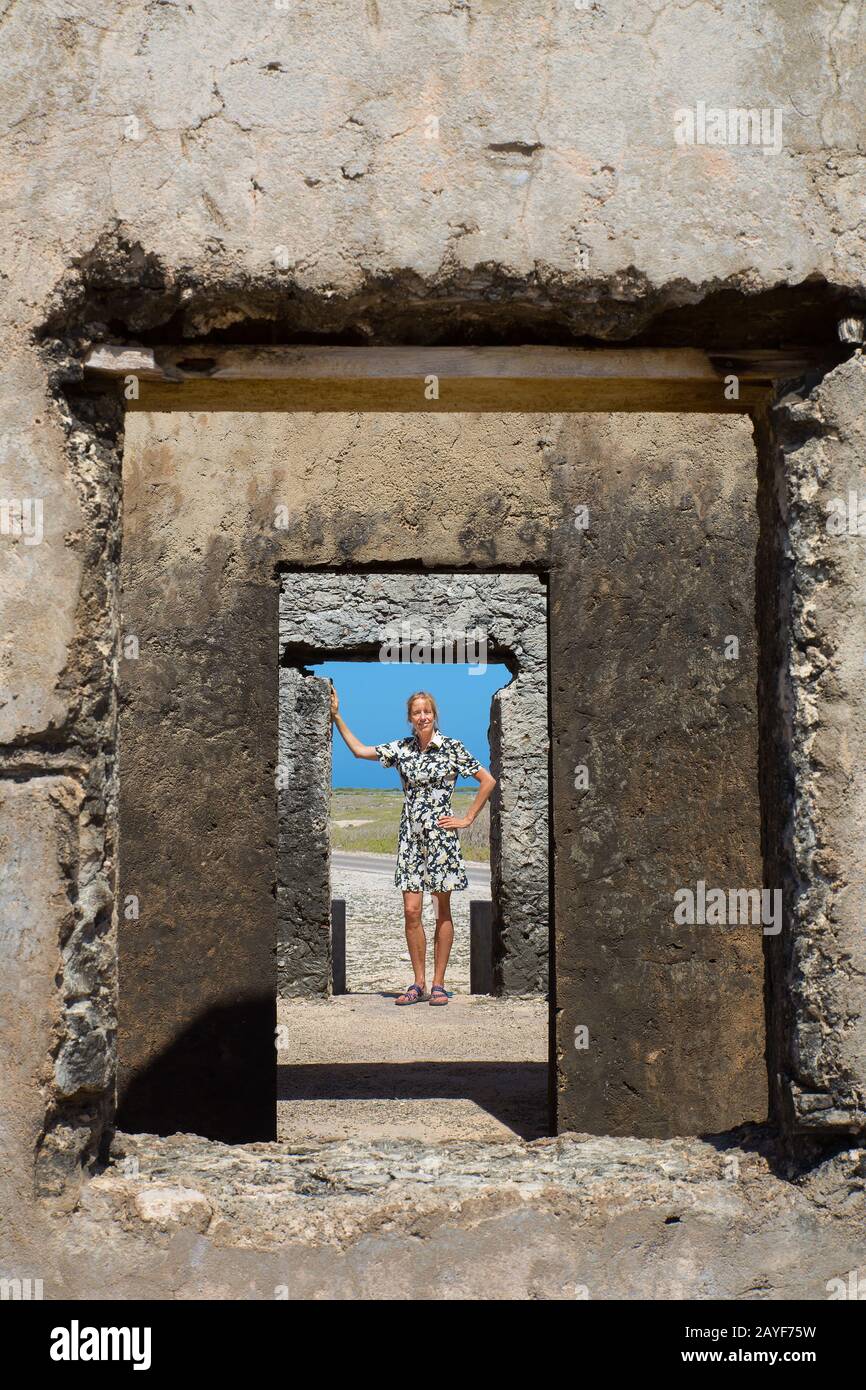 Mujer de pie en la puerta del edificio histórico Foto de stock