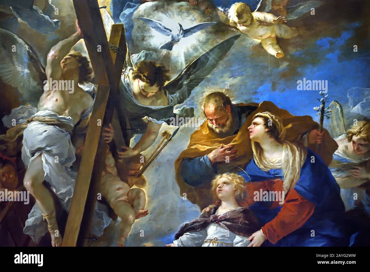 La Sagrada Familia con los símbolos de la Pasión, 1660 Luca Giordano 1634-1705 fue un pintor barroco italiano, Italia, Foto de stock