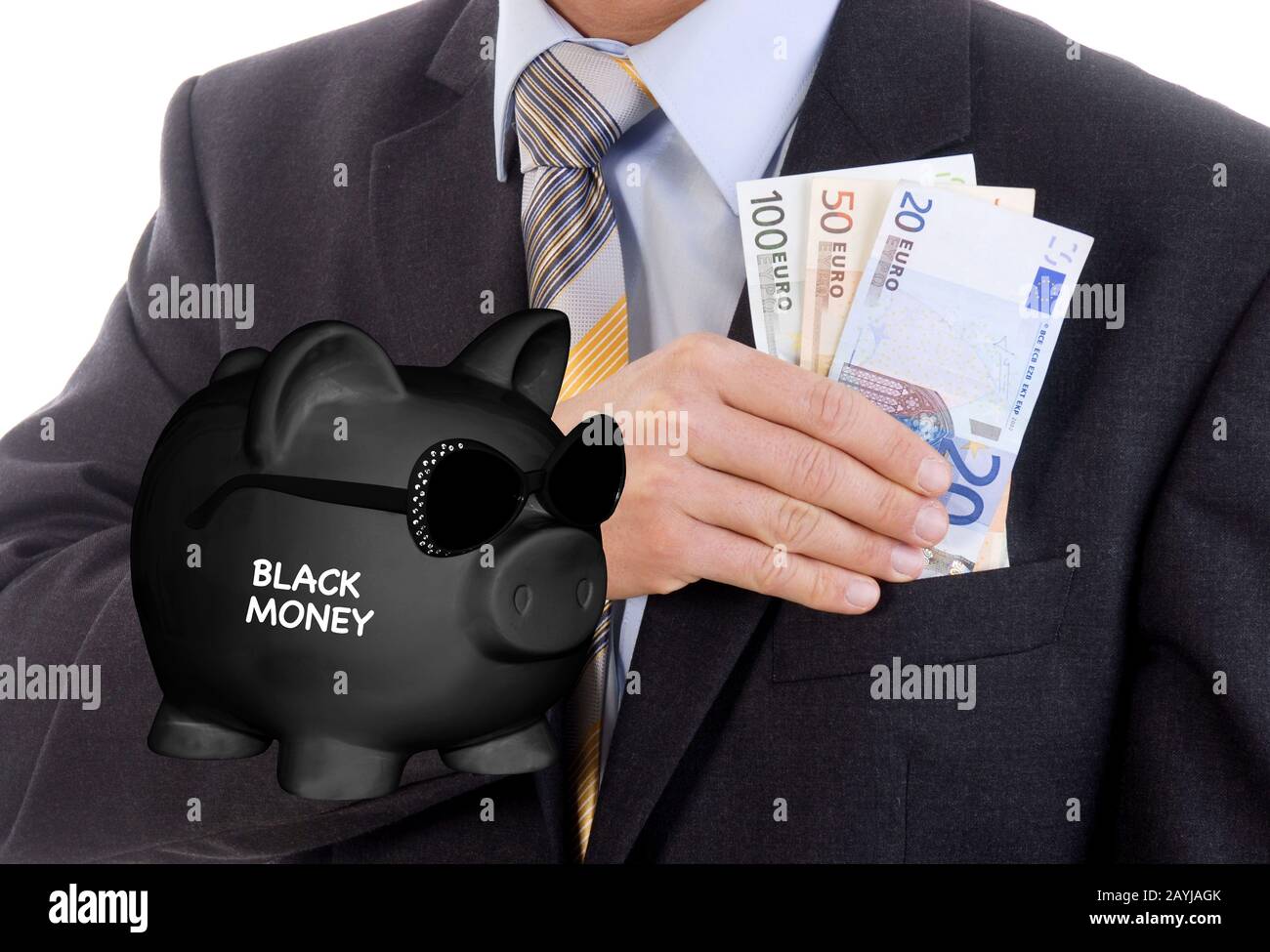 Banco negro piggy con gafas de sol y letras dinero negro, hombre embolsando dinero, componer Foto de stock