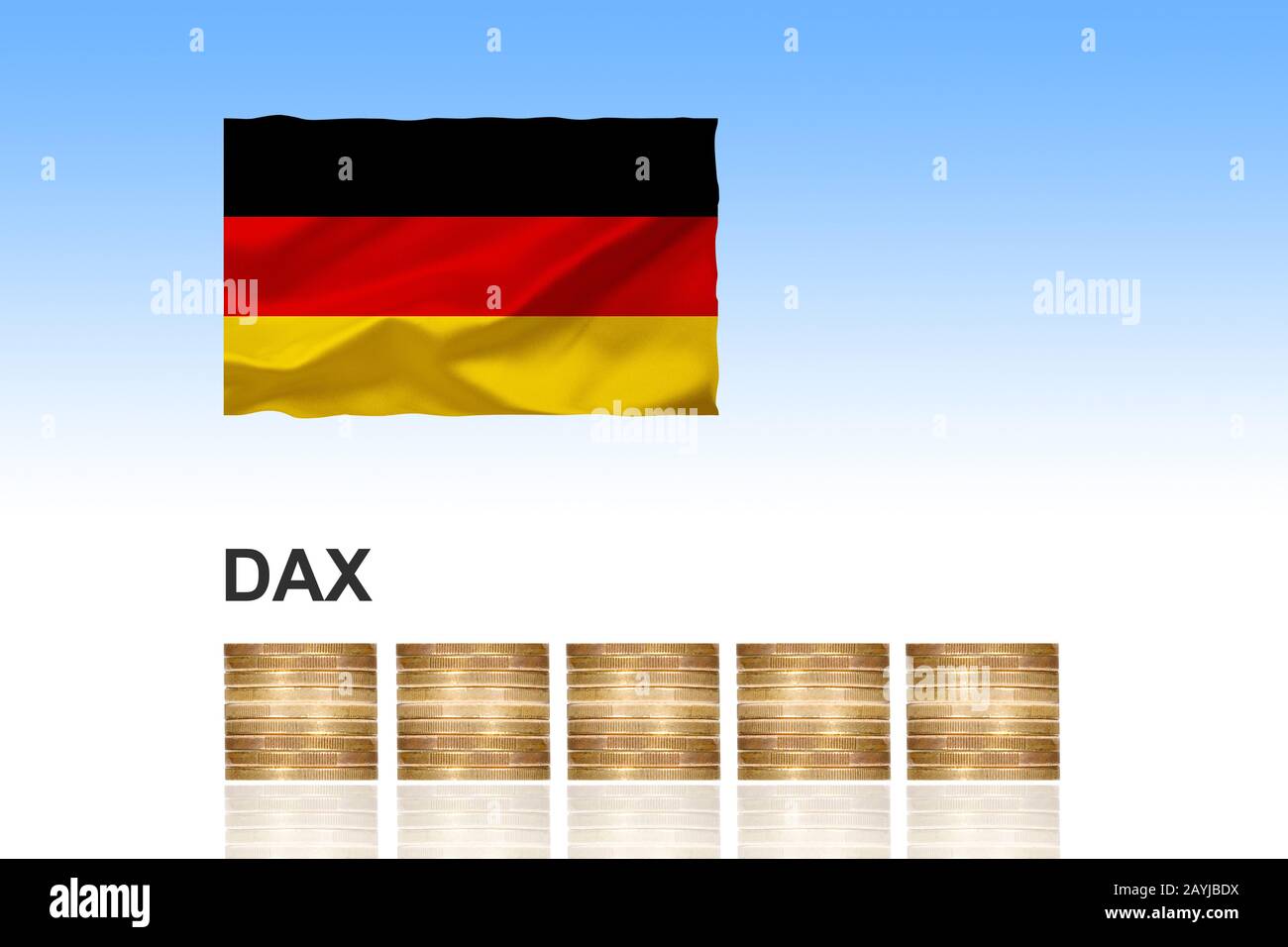 Dax, Deutscher Aktienindex, con monedas de euro apiladas y bandera alemana, componiendo, Alemania Foto de stock