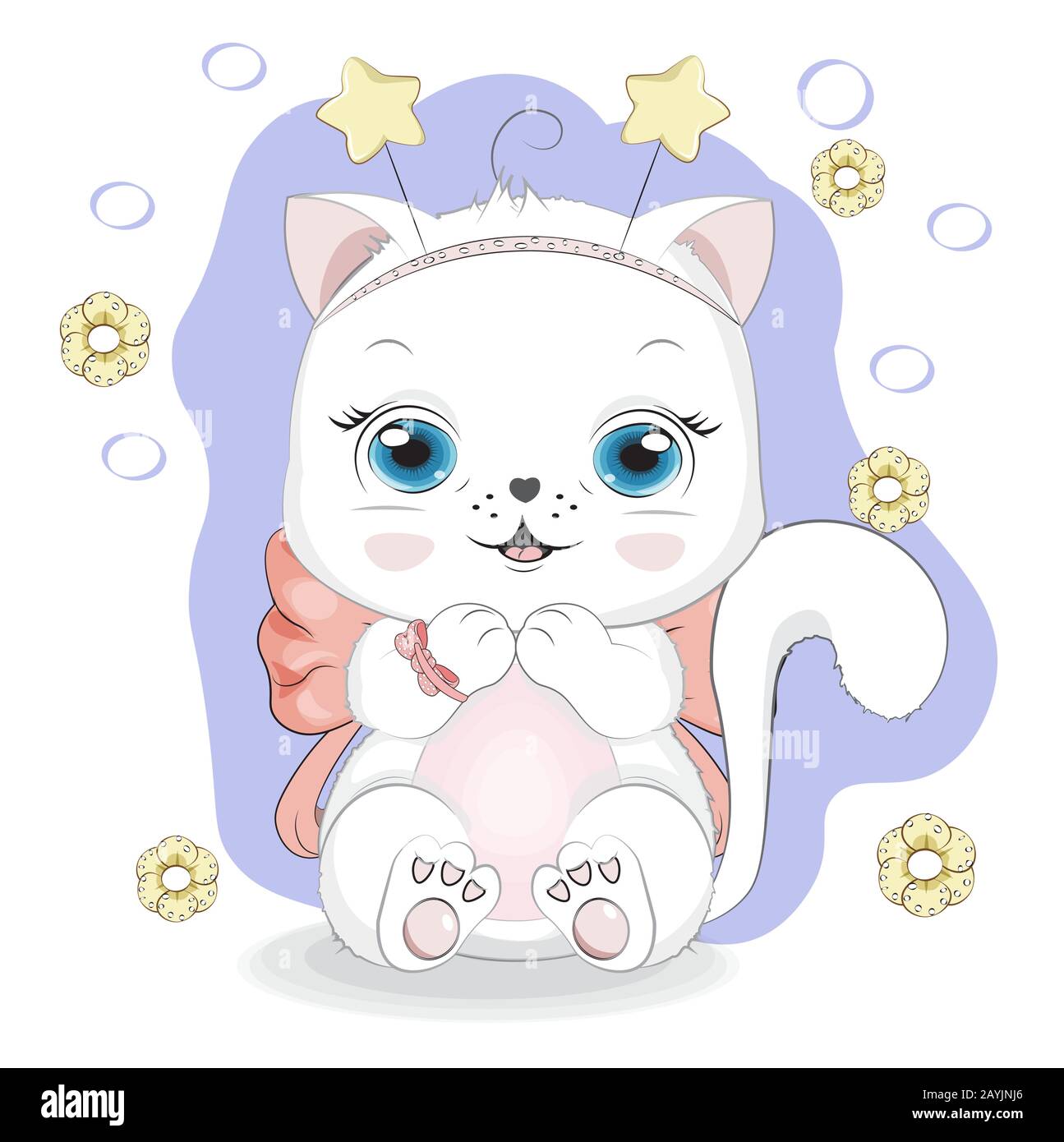 Feliz gato blanco niña, gatito con arco. Cuadro en el dibujo de la mano  estilo de dibujos animados, para la camiseta vestir diseño de moda  estampado, tarjeta de cumpleaños de saludo, postal