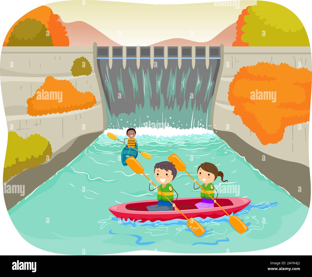 Ilustración De Stickman Kids Remoling Boat En Dam Durante El Otoño Foto de stock