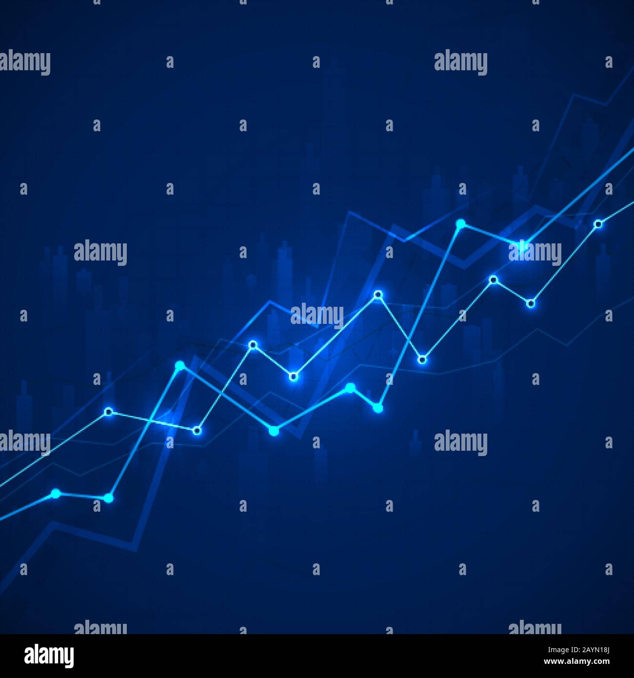 Resumen del gráfico financiero con gráfico y mercado de valores sobre fondo azul. Estadísticas de datos empresariales. Vector Ilustración del Vector