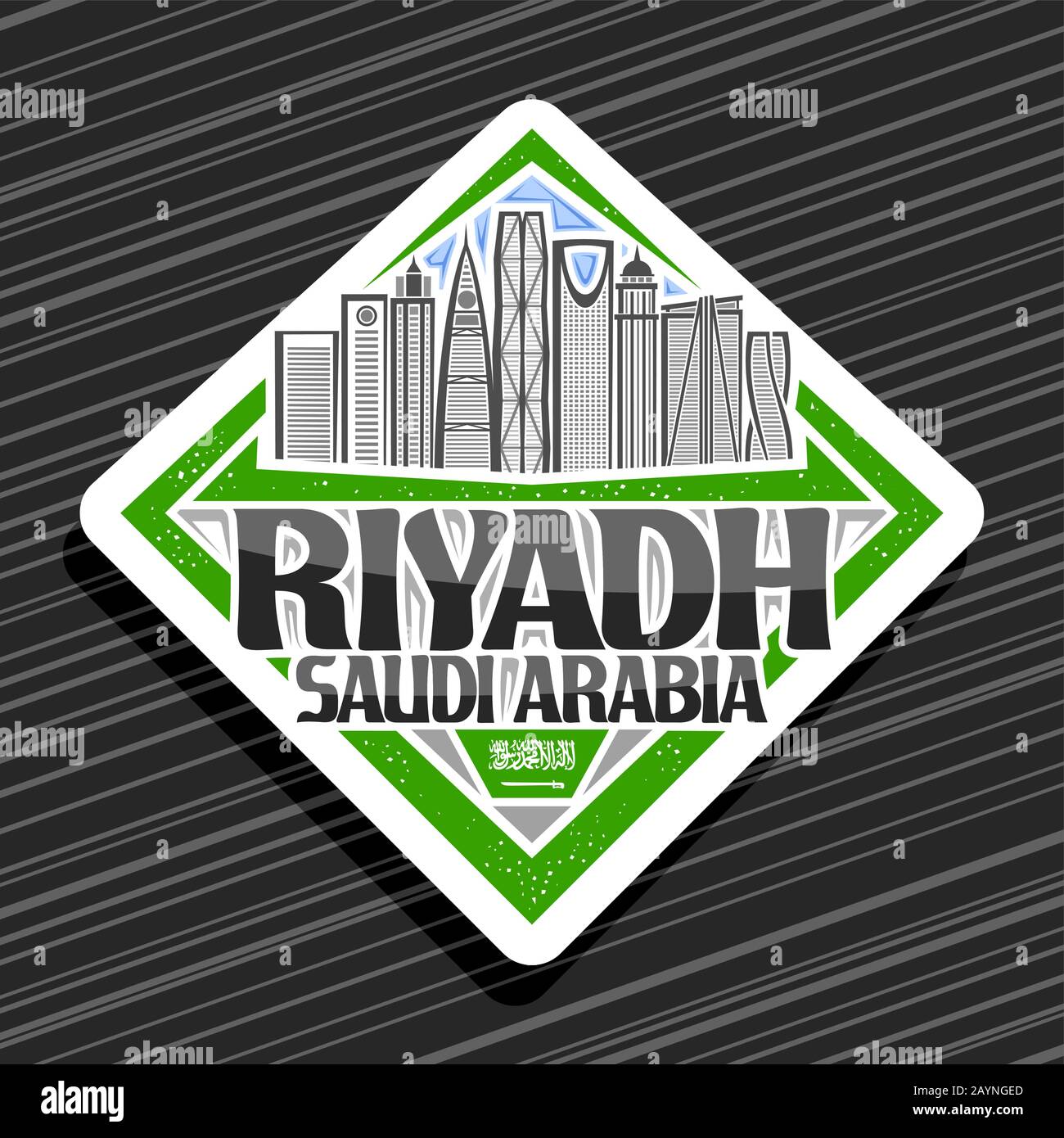 Logotipo vectorial para Riyadh, sello rombo blanco con ilustración de línea del famoso paisaje de la ciudad de riyadh en el fondo del cielo del día, diseño imán de nevera con creati Ilustración del Vector