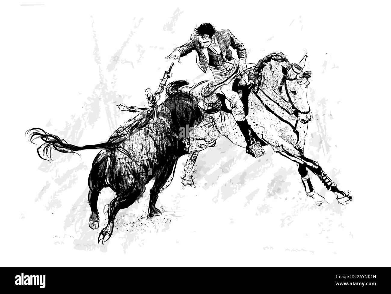 Bullfighter a caballo con toro durante corrida en Portugal - ilustración vectorial (Ideal para imprimir en tela o papel, póster o papel pintado, casa dec Ilustración del Vector