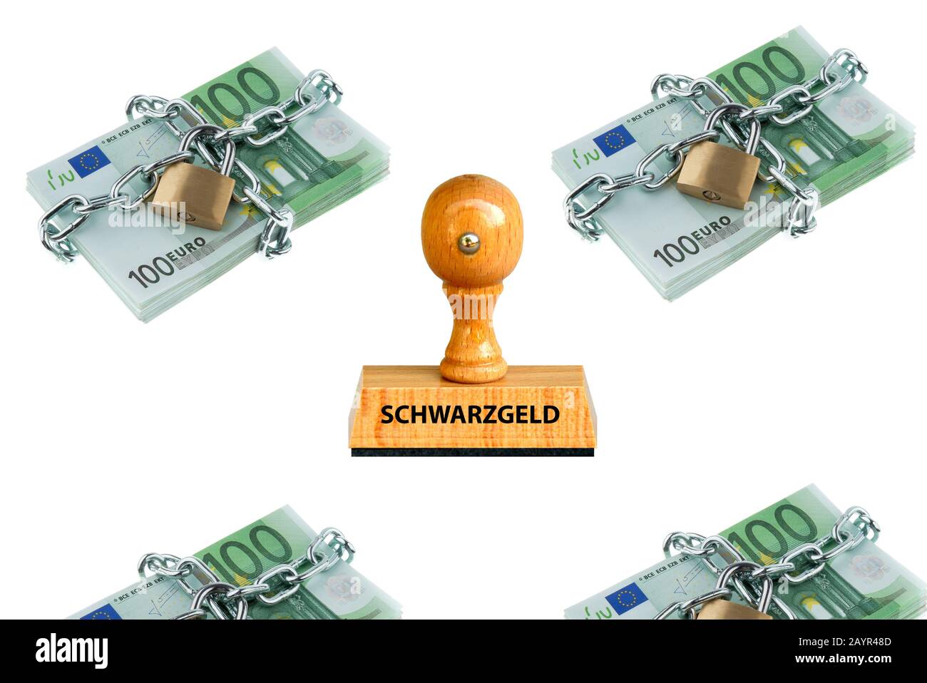 Letras de sellos Schwarzgeld, dinero negro, 100 billetes de euro con cerraduras de cadena en el fondo, Alemania Foto de stock