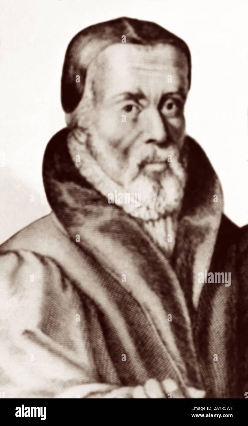 William Tyndale (1494 - 1536) fue un erudito inglés y destacada figura de la Reforma Protestante que, desafiando a la Iglesia Católica y el gobierno inglés, tradujo la Biblia al inglés, para lo cual fue estrangulado y quemado en la hoguera en 1536. Foto de stock
