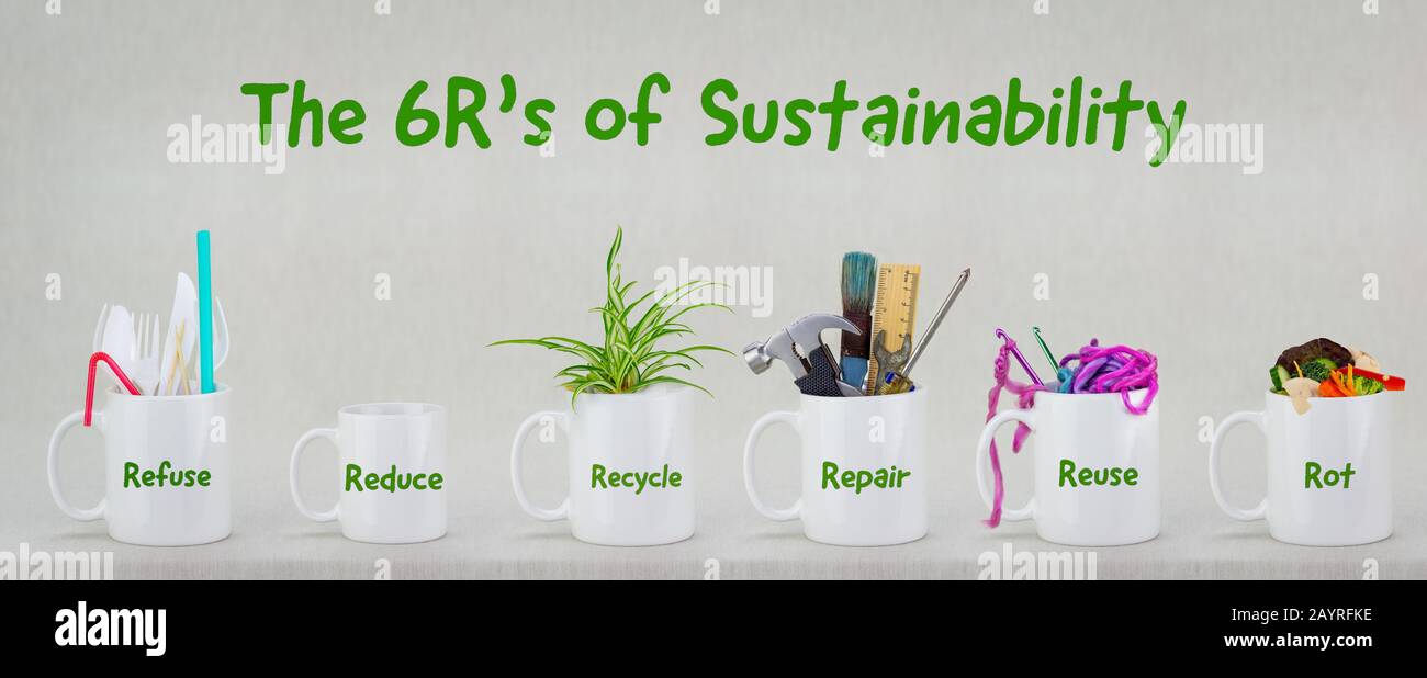Las 6 R's de Sostenibilidad, ilustradas en 6 mugs con contenidos relevantes. Rechazar, reducir, reciclar, reparar, reutilizar, pudrirse. Economía circular. Foto de stock