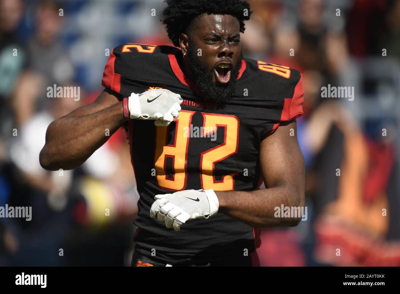 Carson, California, EE.UU. 16 de febrero de 2020. 82 Brandon Barnes celebrando durante el XFL Dallas Renegades vs. Los Angeles Wildcats juego el 16 de febrero de 2020. Crédito: Dalton Hamm/Zuma Wire/Alamy Live News Foto de stock