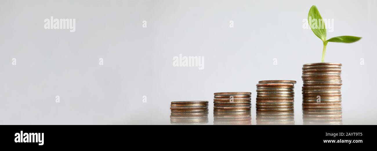 Torre de gráfico con plata metall coin contra un fondo gris Foto de stock