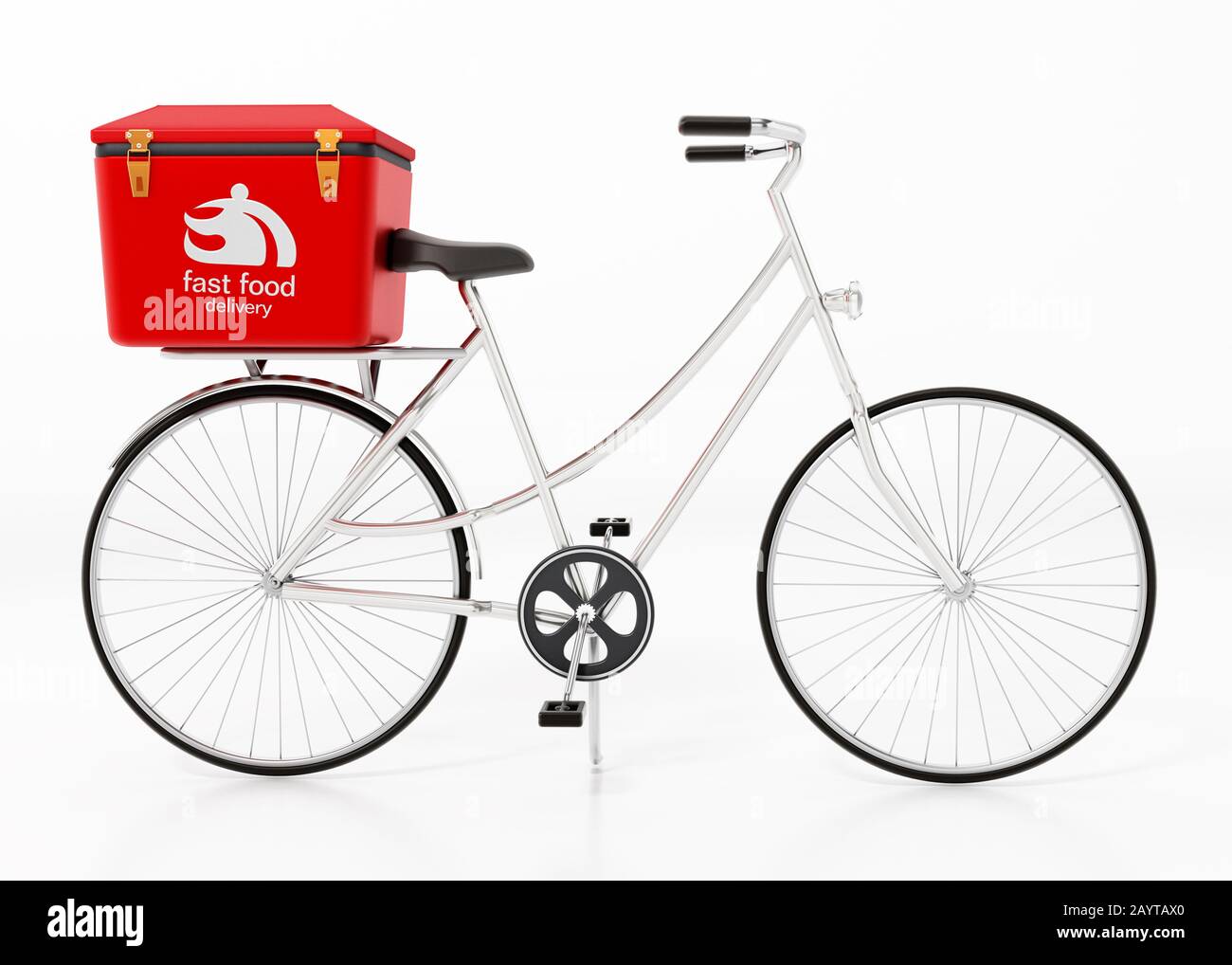 Bicicleta de entrega rápida de alimentos aislada sobre fondo blanco. Ilustración 3D. Foto de stock