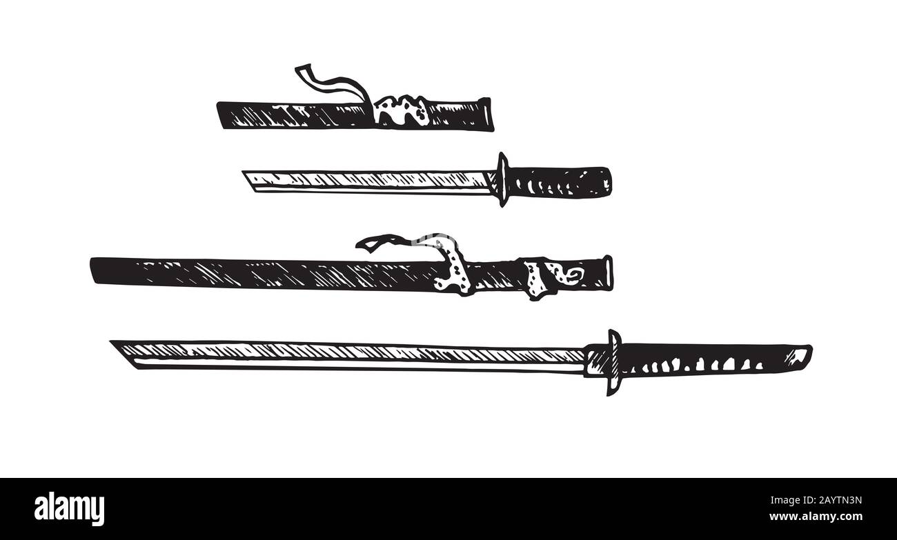 Katana y tantō con scabbards (juego de espadas japonesas), dibujo de fideos  dibujado a mano, ilustración de contorno aislado Fotografía de stock - Alamy