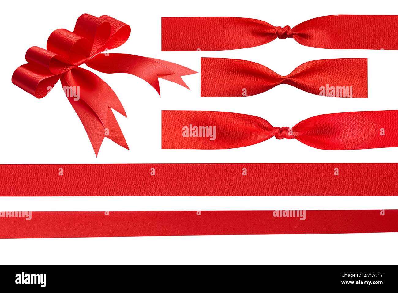 Conjunto para el diseño de un hermoso lazo rojo inusual con cinco lazos,  dos cintas de satén de regalo con detalle brillante rojo y tres tipos de  nudos aislados en blanco Fotografía