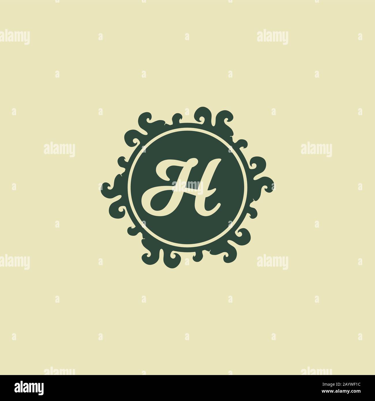 Letra H Alfabeto Decorativo Logotipo Aislado En Fondo Beige Verdoso, Elegante Concepto De Curl & Floral Logo, Dark Green Beige Luxury Initial Logo Ilustración del Vector