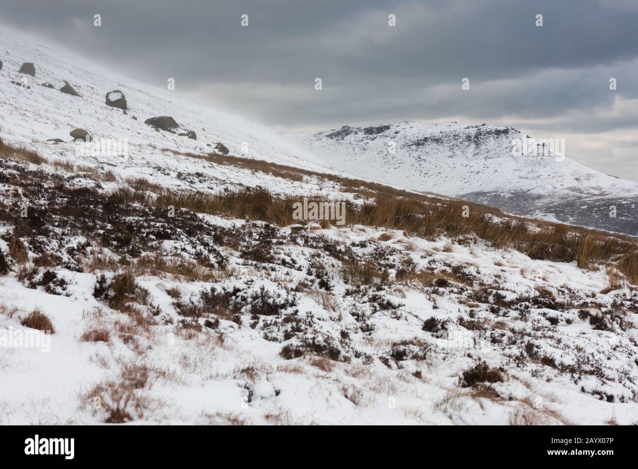 Flancos del norte de Kinder Scout en invierno, 2020 de febrero, Peak District National Park, Inglaterra Foto de stock