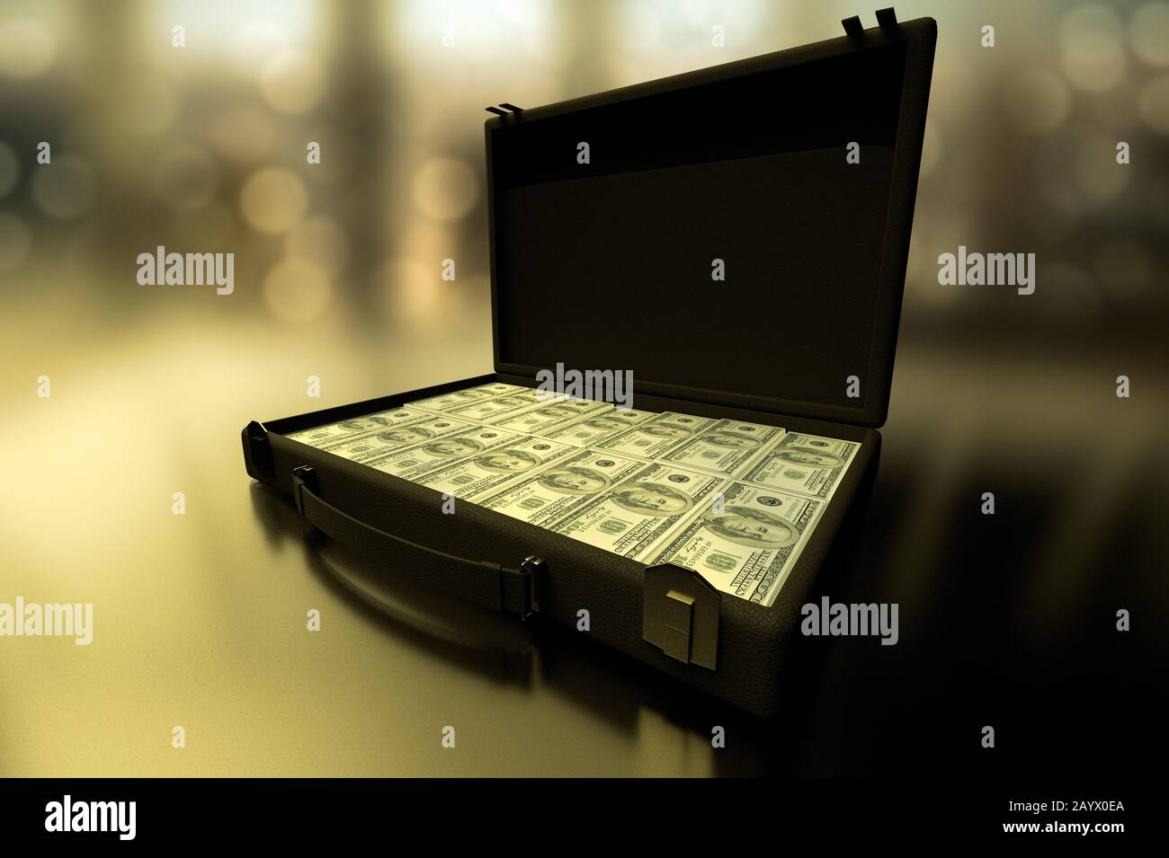 Presentación en 3D de un primer plano de un maletín lleno de dinero. Foto de stock